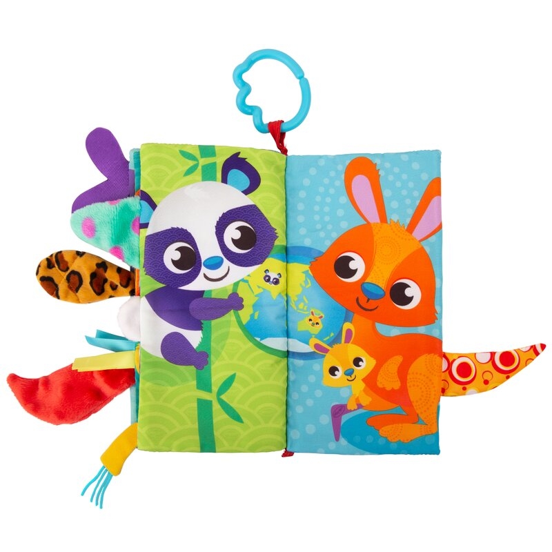 Carticica din plus, Playgro, In forma de carte, Include clema de atasare la carucior, Cu inel pentru dentitie, Cu texturi si culori, 3 luni+, Tails of the World Sensory Book