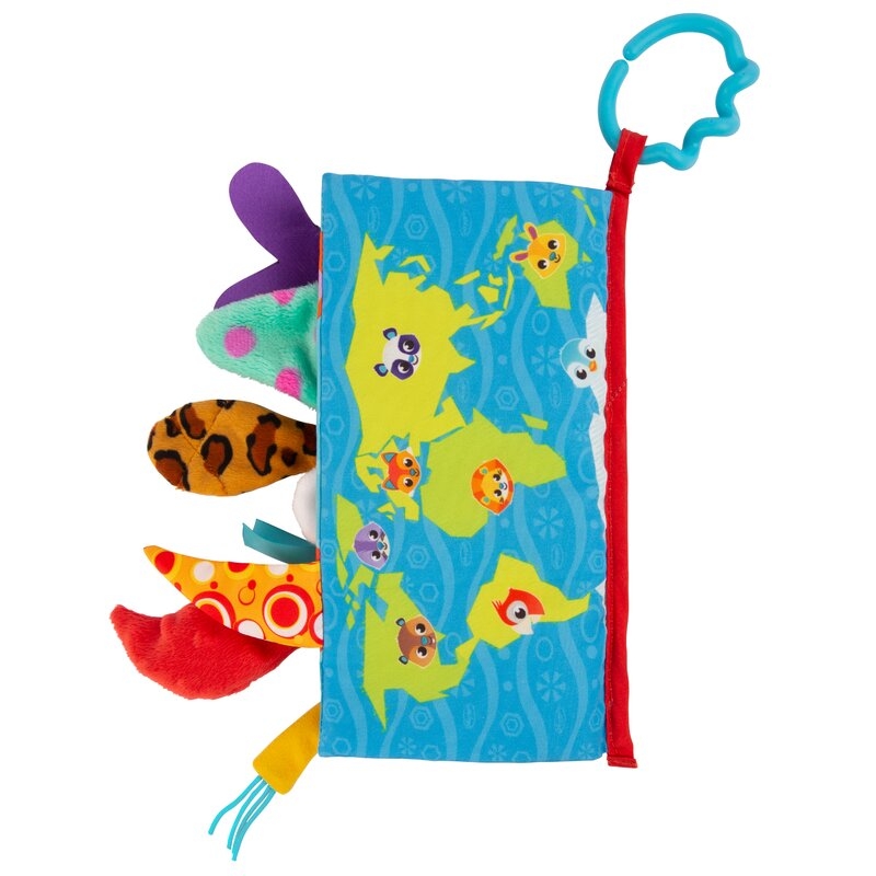 Carticica din plus, Playgro, In forma de carte, Include clema de atasare la carucior, Cu inel pentru dentitie, Cu texturi si culori, 3 luni+, Tails of the World Sensory Book