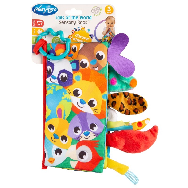 Carticica din plus, Playgro, In forma de carte, Include clema de atasare la carucior, Cu inel pentru dentitie, Cu texturi si culori, 3 luni+, Tails of the World Sensory Book