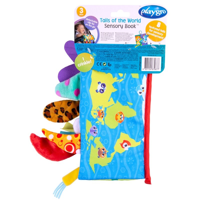 Carticica din plus, Playgro, In forma de carte, Include clema de atasare la carucior, Cu inel pentru dentitie, Cu texturi si culori, 3 luni+, Tails of the World Sensory Book