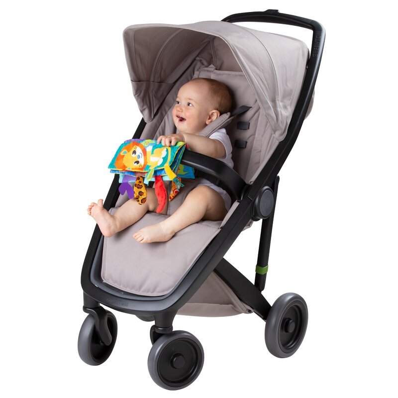 Carticica din plus, Playgro, In forma de carte, Include clema de atasare la carucior, Cu inel pentru dentitie, Cu texturi si culori, 3 luni+, Tails of the World Sensory Book