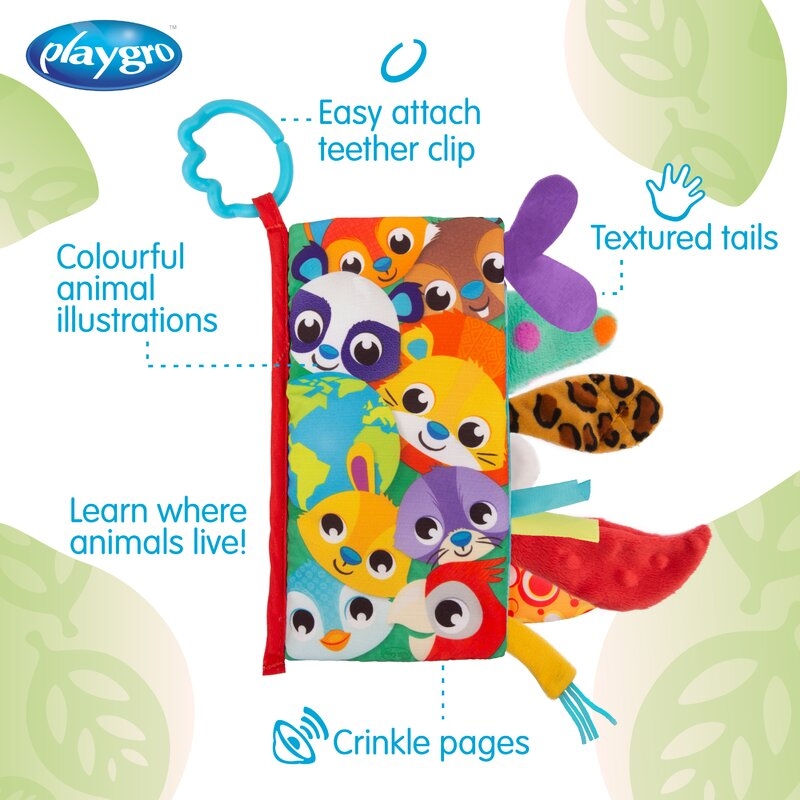 Carticica din plus, Playgro, In forma de carte, Include clema de atasare la carucior, Cu inel pentru dentitie, Cu texturi si culori, 3 luni+, Tails of the World Sensory Book