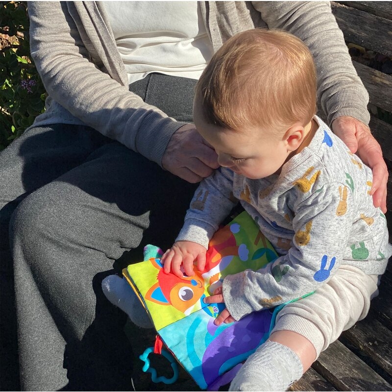 Carticica din plus, Playgro, In forma de carte, Include clema de atasare la carucior, Cu inel pentru dentitie, Cu texturi si culori, 3 luni+, Tails of the World Sensory Book