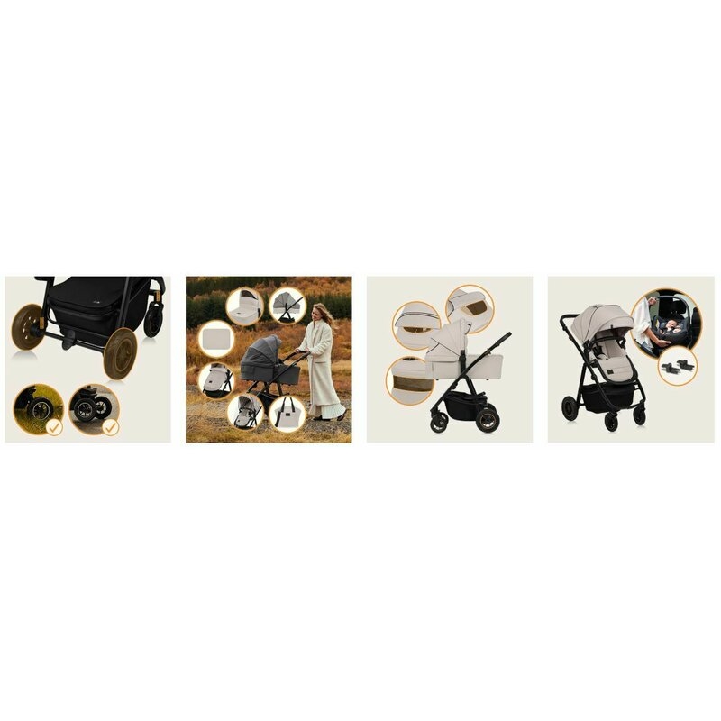 Carucior 2 in 1, Lionelo, Amber Plus, Cadru aluminiu, Cu landou intarit si salteluta moale, Reversibil, Maner ajustabil, Cu accesorii, Cu ventilatie panoramica 3D, Pana la 22 kg, EN1888-1, EN1888-2, EN1466, Bej