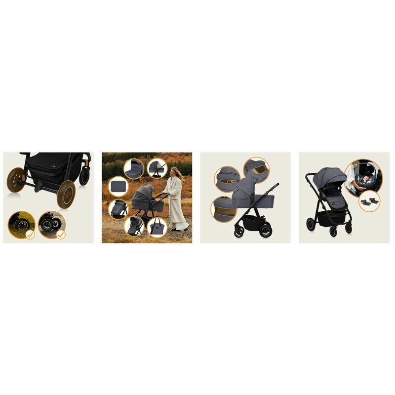 Carucior 2 in 1, Lionelo, Amber Plus, Cadru aluminiu, Cu landou intarit si salteluta moale, Reversibil, Maner ajustabil, Cu accesorii, Cu ventilatie panoramica 3D, Pana la 22 kg, EN1888-1, EN1888-2, EN1466, Gri inchis