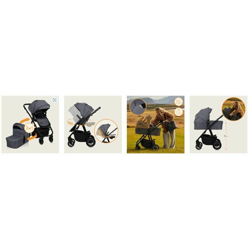 Carucior 2 in 1, Lionelo, Amber Plus, Cadru aluminiu, Cu landou intarit si salteluta moale, Reversibil, Maner ajustabil, Cu accesorii, Cu ventilatie panoramica 3D, Pana la 22 kg, EN1888-1, EN1888-2, EN1466, Gri inchis