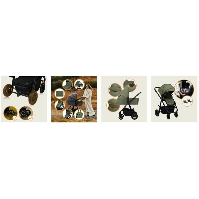 Carucior 2 in 1, Lionelo, Amber Plus, Cadru aluminiu, Cu landou intarit si salteluta moale, Reversibil, Maner ajustabil, Cu accesorii, Cu ventilatie panoramica 3D, Pana la 22 kg, EN1888-1, EN1888-2, EN1466, Verde