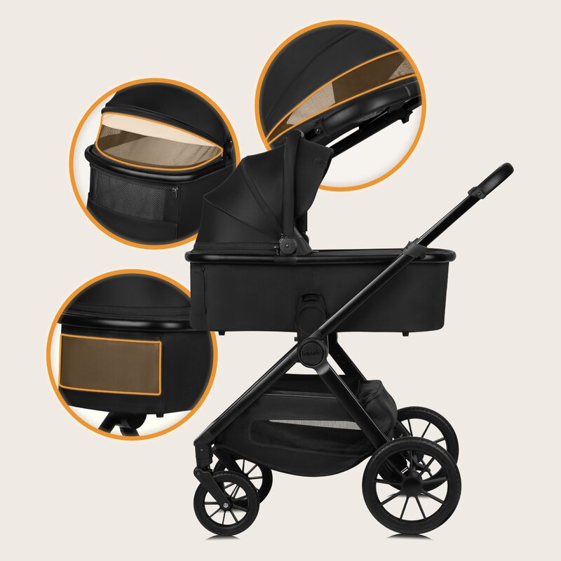 Carucior 2 in 1, Lionelo, Layla, Pana la 22 kg, Cadru aluminiu, Cu landou intarit si salteluta din spuma AirDots, Reversibil, Cu ventilatie 3D, Cu accesorii, EN1888-1, EN1888-2, EN1466, Negru