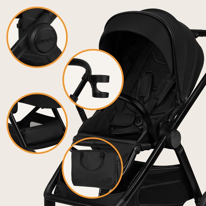 Carucior 2 in 1, Lionelo, Layla, Pana la 22 kg, Cadru aluminiu, Cu landou intarit si salteluta din spuma AirDots, Reversibil, Cu ventilatie 3D, Cu accesorii, EN1888-1, EN1888-2, EN1466, Negru