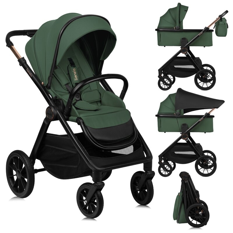 Carucior 2 in 1, Lionelo, Layla, Pana la 22 kg, Cadru aluminiu, Cu landou intarit si salteluta din spuma AirDots, Reversibil, Cu ventilatie 3D, Cu accesorii, EN1888-1, EN1888-2, EN1466, Verde