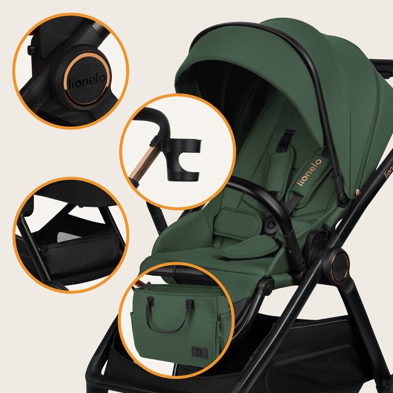 Carucior 2 in 1, Lionelo, Layla, Pana la 22 kg, Cadru aluminiu, Cu landou intarit si salteluta din spuma AirDots, Reversibil, Cu ventilatie 3D, Cu accesorii, EN1888-1, EN1888-2, EN1466, Verde