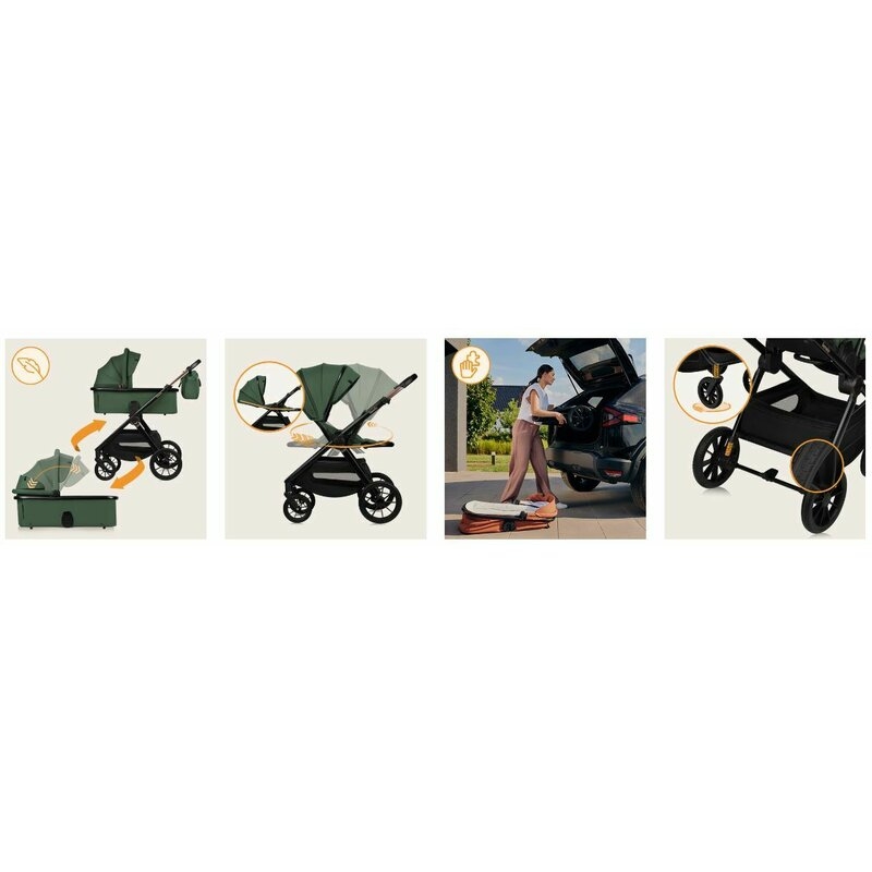 Carucior 2 in 1, Lionelo, Layla, Pana la 22 kg, Cadru aluminiu, Cu landou intarit si salteluta din spuma AirDots, Reversibil, Cu ventilatie 3D, Cu accesorii, EN1888-1, EN1888-2, EN1466, Verde