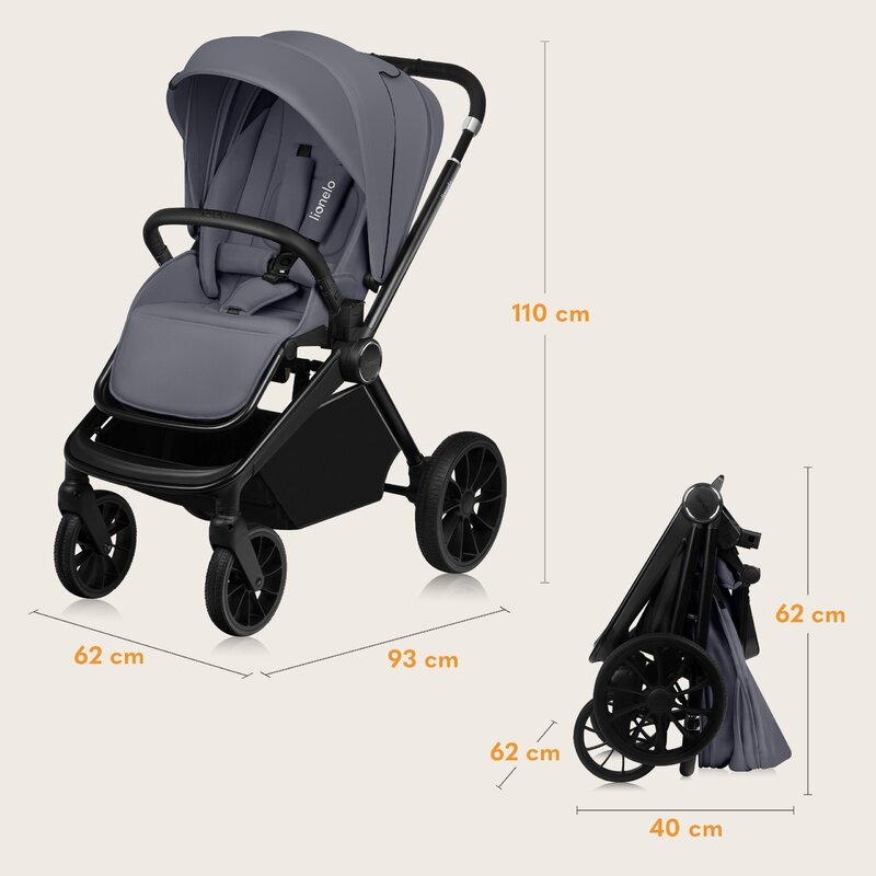 Carucior 2 in 1, Lionelo, Mika Plus, Cadru din aluminiu, Cu landou intarit si salteluta moale, Reversibil, Cu sistem de ventilatie 3D, Cu accesorii, Pana la 22 kg, Conform cu EN1888-1 EN1888-2, EN1466, Gri