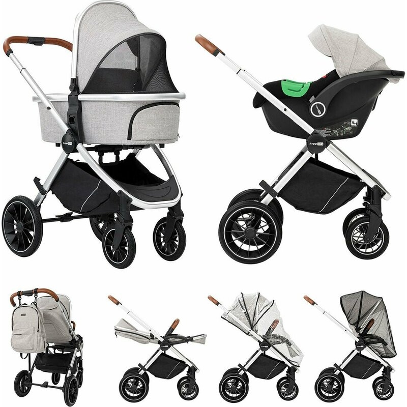 Carucior 3 in 1, FreeON, Joy, Reversibil, Cu cadru din aluminiu, Scoica auto, Husa picioare, Geanta mamici si accesorii, Conform cu standardele europene de securitate R129, Gri