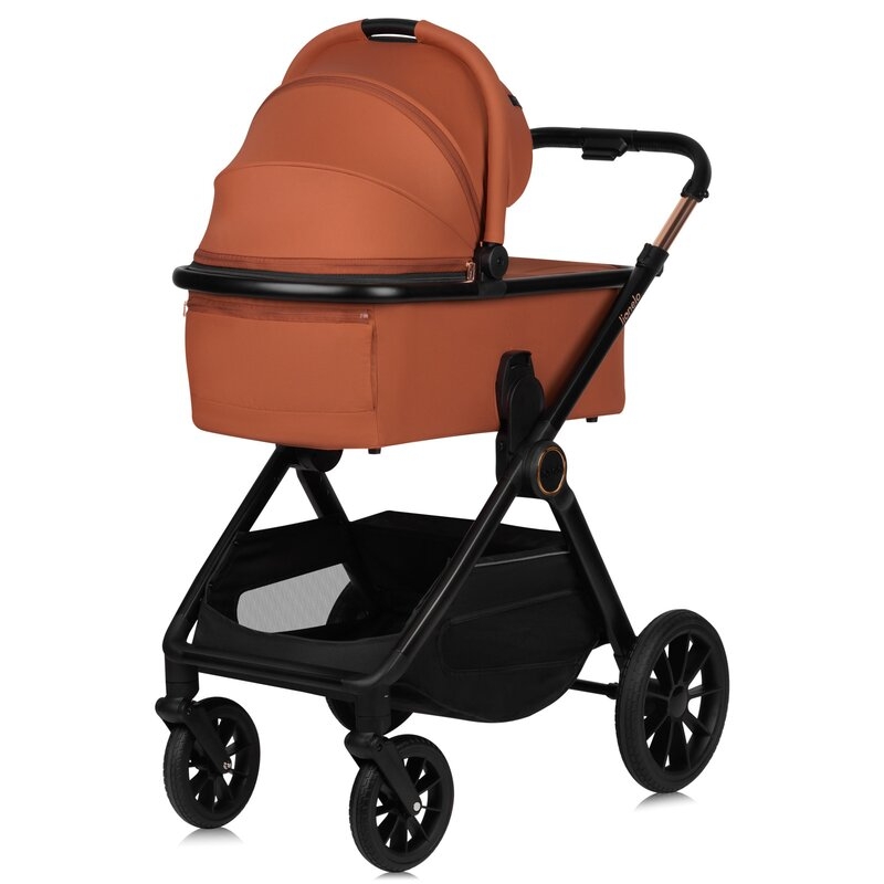 Carucior 3 in 1, Lionelo, Layla, Pana la 22 kg, Cadru aluminiu, Cu landou intarit si salteluta din spuma AirDots, Scoica auto, Reversibil, Cu ventilatie 3D, Cu accesorii, EN1888-1, EN1888-2, EN1466, Maro