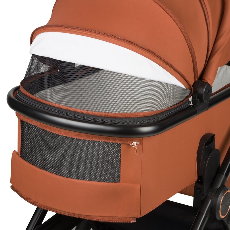 Carucior 3 in 1, Lionelo, Layla, Pana la 22 kg, Cadru aluminiu, Cu landou intarit si salteluta din spuma AirDots, Scoica auto, Reversibil, Cu ventilatie 3D, Cu accesorii, EN1888-1, EN1888-2, EN1466, Maro