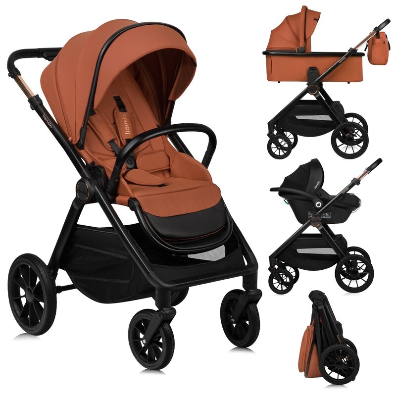 Carucior 3 in 1, Lionelo, Layla, Pana la 22 kg, Cadru aluminiu, Cu landou intarit si salteluta din spuma AirDots, Scoica auto, Reversibil, Cu ventilatie 3D, Cu accesorii, EN1888-1, EN1888-2, EN1466, Maro