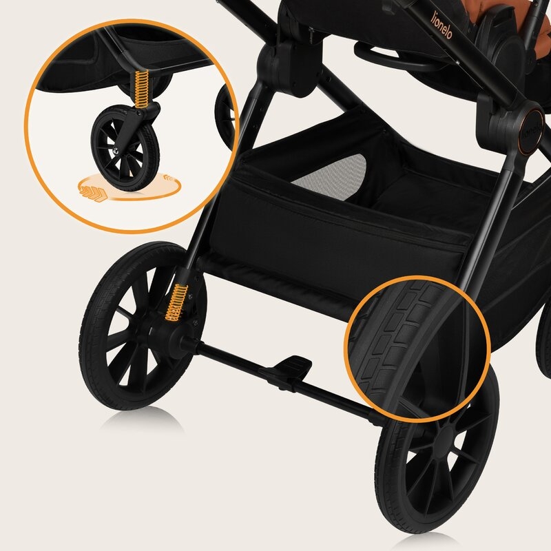 Carucior 3 in 1, Lionelo, Layla, Pana la 22 kg, Cadru aluminiu, Cu landou intarit si salteluta din spuma AirDots, Scoica auto, Reversibil, Cu ventilatie 3D, Cu accesorii, EN1888-1, EN1888-2, EN1466, Maro