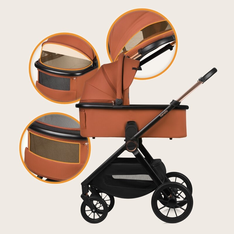 Carucior 3 in 1, Lionelo, Layla, Pana la 22 kg, Cadru aluminiu, Cu landou intarit si salteluta din spuma AirDots, Scoica auto, Reversibil, Cu ventilatie 3D, Cu accesorii, EN1888-1, EN1888-2, EN1466, Maro