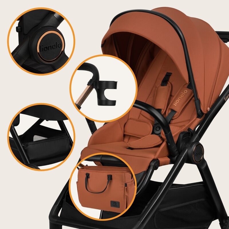 Carucior 3 in 1, Lionelo, Layla, Pana la 22 kg, Cadru aluminiu, Cu landou intarit si salteluta din spuma AirDots, Scoica auto, Reversibil, Cu ventilatie 3D, Cu accesorii, EN1888-1, EN1888-2, EN1466, Maro