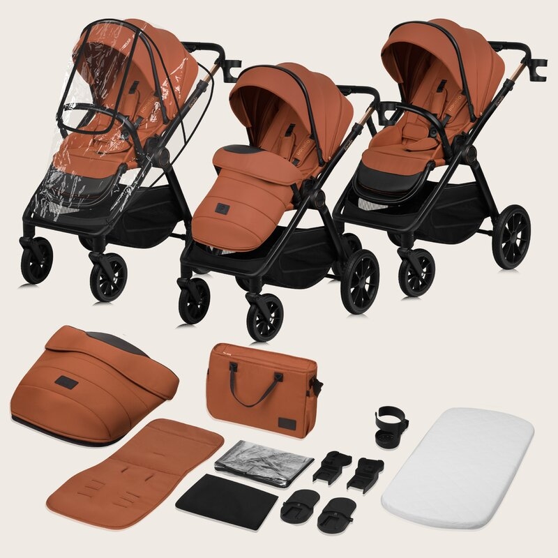 Carucior 3 in 1, Lionelo, Layla, Pana la 22 kg, Cadru aluminiu, Cu landou intarit si salteluta din spuma AirDots, Scoica auto, Reversibil, Cu ventilatie 3D, Cu accesorii, EN1888-1, EN1888-2, EN1466, Maro