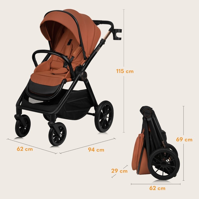 Carucior 3 in 1, Lionelo, Layla, Pana la 22 kg, Cadru aluminiu, Cu landou intarit si salteluta din spuma AirDots, Scoica auto, Reversibil, Cu ventilatie 3D, Cu accesorii, EN1888-1, EN1888-2, EN1466, Maro