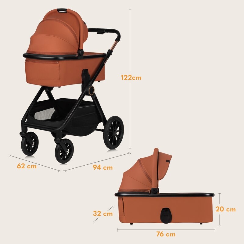 Carucior 3 in 1, Lionelo, Layla, Pana la 22 kg, Cadru aluminiu, Cu landou intarit si salteluta din spuma AirDots, Scoica auto, Reversibil, Cu ventilatie 3D, Cu accesorii, EN1888-1, EN1888-2, EN1466, Maro