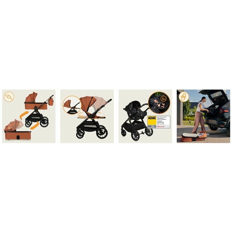 Carucior 3 in 1, Lionelo, Layla, Pana la 22 kg, Cadru aluminiu, Cu landou intarit si salteluta din spuma AirDots, Scoica auto, Reversibil, Cu ventilatie 3D, Cu accesorii, EN1888-1, EN1888-2, EN1466, Maro