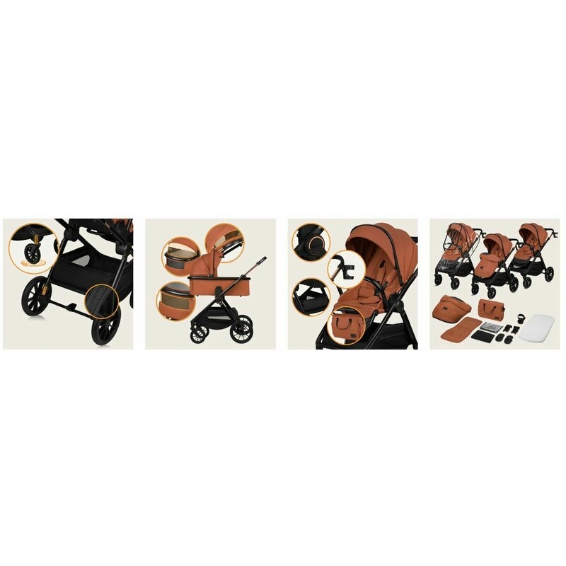 Carucior 3 in 1, Lionelo, Layla, Pana la 22 kg, Cadru aluminiu, Cu landou intarit si salteluta din spuma AirDots, Scoica auto, Reversibil, Cu ventilatie 3D, Cu accesorii, EN1888-1, EN1888-2, EN1466, Maro