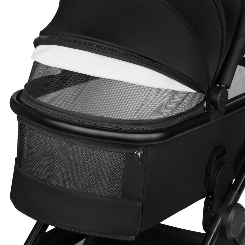 Carucior 3 in 1, Lionelo, Layla, Pana la 22 kg, Cadru aluminiu, Cu landou intarit si salteluta din spuma AirDots, Scoica auto, Reversibil, Cu ventilatie 3D, Cu accesorii, EN1888-1, EN1888-2, EN1466, Negru