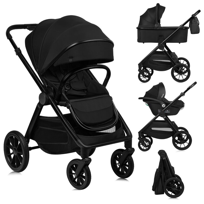 Carucior 3 in 1, Lionelo, Layla, Pana la 22 kg, Cadru aluminiu, Cu landou intarit si salteluta din spuma AirDots, Scoica auto, Reversibil, Cu ventilatie 3D, Cu accesorii, EN1888-1, EN1888-2, EN1466, Negru
