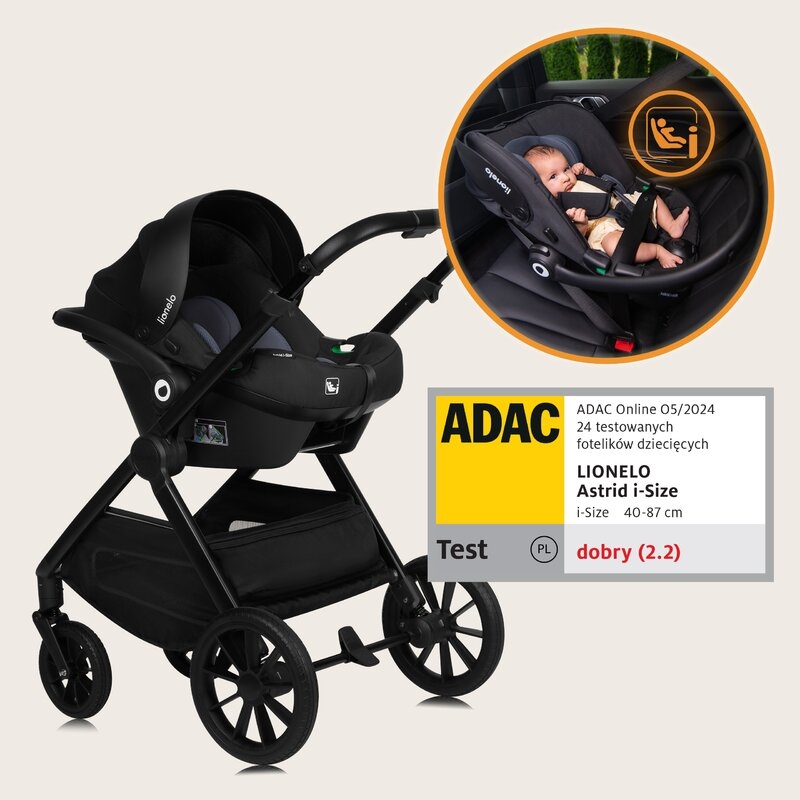 Carucior 3 in 1, Lionelo, Layla, Pana la 22 kg, Cadru aluminiu, Cu landou intarit si salteluta din spuma AirDots, Scoica auto, Reversibil, Cu ventilatie 3D, Cu accesorii, EN1888-1, EN1888-2, EN1466, Negru