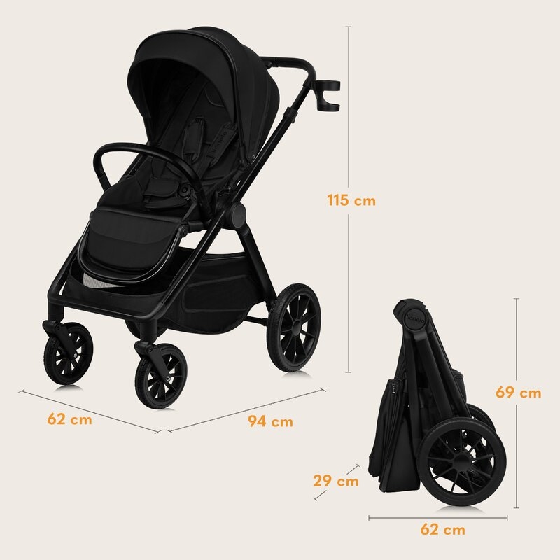 Carucior 3 in 1, Lionelo, Layla, Pana la 22 kg, Cadru aluminiu, Cu landou intarit si salteluta din spuma AirDots, Scoica auto, Reversibil, Cu ventilatie 3D, Cu accesorii, EN1888-1, EN1888-2, EN1466, Negru