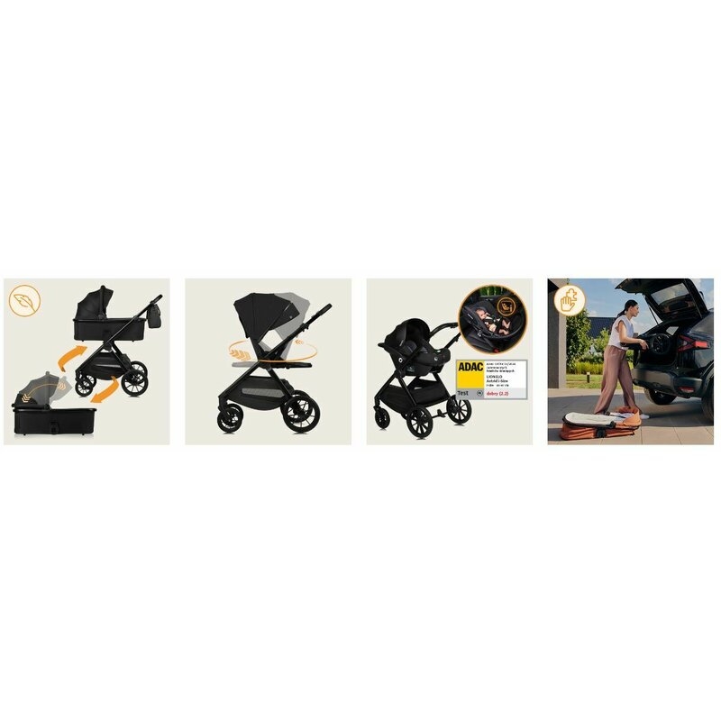 Carucior 3 in 1, Lionelo, Layla, Pana la 22 kg, Cadru aluminiu, Cu landou intarit si salteluta din spuma AirDots, Scoica auto, Reversibil, Cu ventilatie 3D, Cu accesorii, EN1888-1, EN1888-2, EN1466, Negru