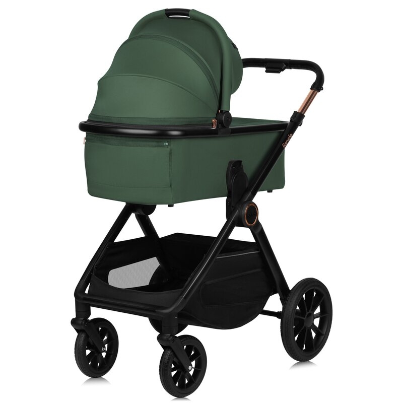 Carucior 3 in 1, Lionelo, Layla, Pana la 22 kg, Cadru aluminiu, Cu landou intarit si salteluta din spuma AirDots, Scoica auto, Reversibil, Cu ventilatie 3D, Cu accesorii, EN1888-1, EN1888-2, EN1466, Verde