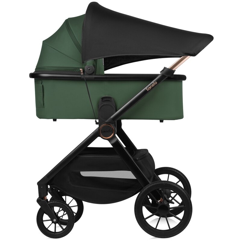Carucior 3 in 1, Lionelo, Layla, Pana la 22 kg, Cadru aluminiu, Cu landou intarit si salteluta din spuma AirDots, Scoica auto, Reversibil, Cu ventilatie 3D, Cu accesorii, EN1888-1, EN1888-2, EN1466, Verde