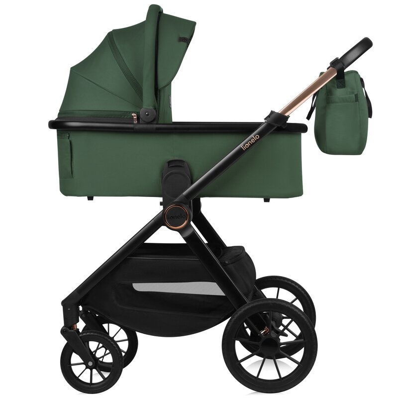 Carucior 3 in 1, Lionelo, Layla, Pana la 22 kg, Cadru aluminiu, Cu landou intarit si salteluta din spuma AirDots, Scoica auto, Reversibil, Cu ventilatie 3D, Cu accesorii, EN1888-1, EN1888-2, EN1466, Verde