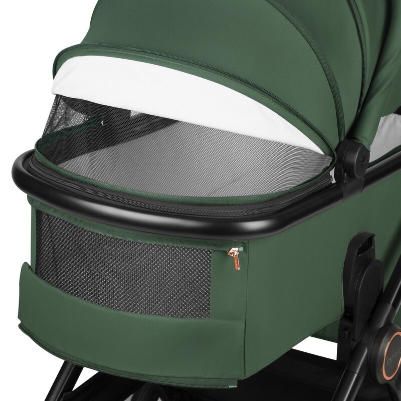 Carucior 3 in 1, Lionelo, Layla, Pana la 22 kg, Cadru aluminiu, Cu landou intarit si salteluta din spuma AirDots, Scoica auto, Reversibil, Cu ventilatie 3D, Cu accesorii, EN1888-1, EN1888-2, EN1466, Verde
