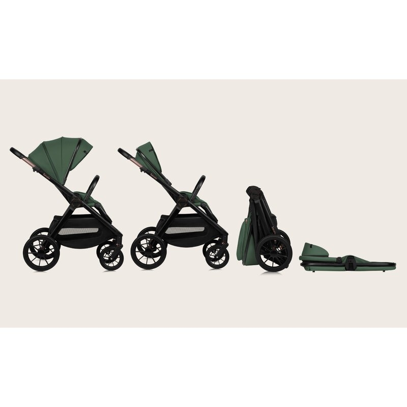 Carucior 3 in 1, Lionelo, Layla, Pana la 22 kg, Cadru aluminiu, Cu landou intarit si salteluta din spuma AirDots, Scoica auto, Reversibil, Cu ventilatie 3D, Cu accesorii, EN1888-1, EN1888-2, EN1466, Verde