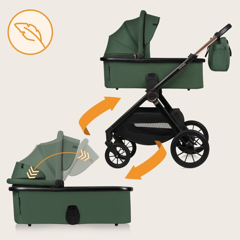 Carucior 3 in 1, Lionelo, Layla, Pana la 22 kg, Cadru aluminiu, Cu landou intarit si salteluta din spuma AirDots, Scoica auto, Reversibil, Cu ventilatie 3D, Cu accesorii, EN1888-1, EN1888-2, EN1466, Verde