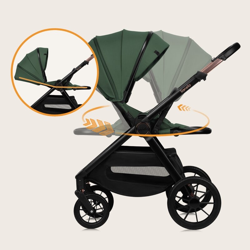 Carucior 3 in 1, Lionelo, Layla, Pana la 22 kg, Cadru aluminiu, Cu landou intarit si salteluta din spuma AirDots, Scoica auto, Reversibil, Cu ventilatie 3D, Cu accesorii, EN1888-1, EN1888-2, EN1466, Verde