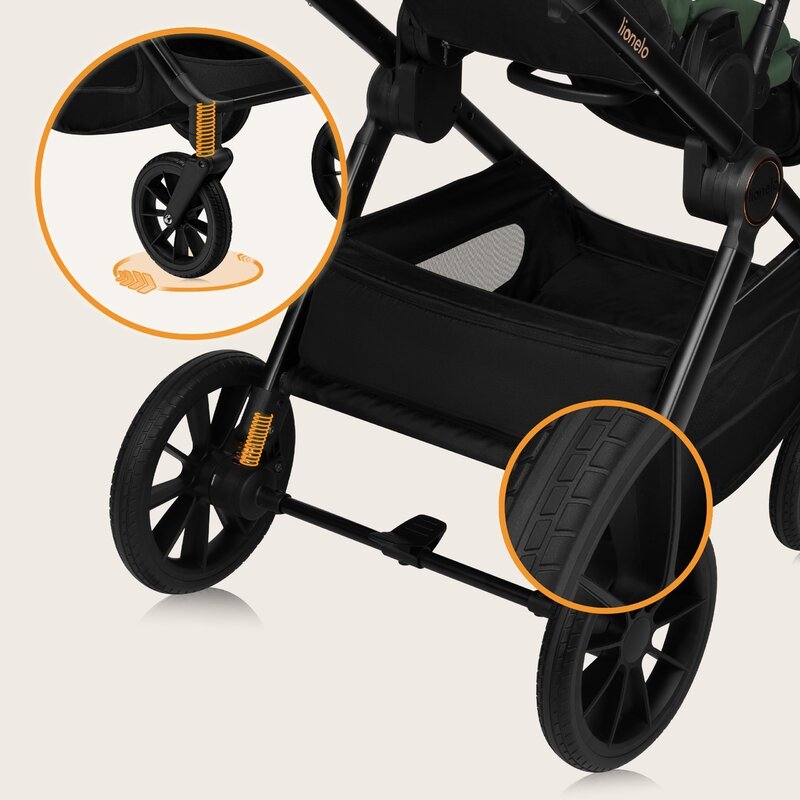 Carucior 3 in 1, Lionelo, Layla, Pana la 22 kg, Cadru aluminiu, Cu landou intarit si salteluta din spuma AirDots, Scoica auto, Reversibil, Cu ventilatie 3D, Cu accesorii, EN1888-1, EN1888-2, EN1466, Verde