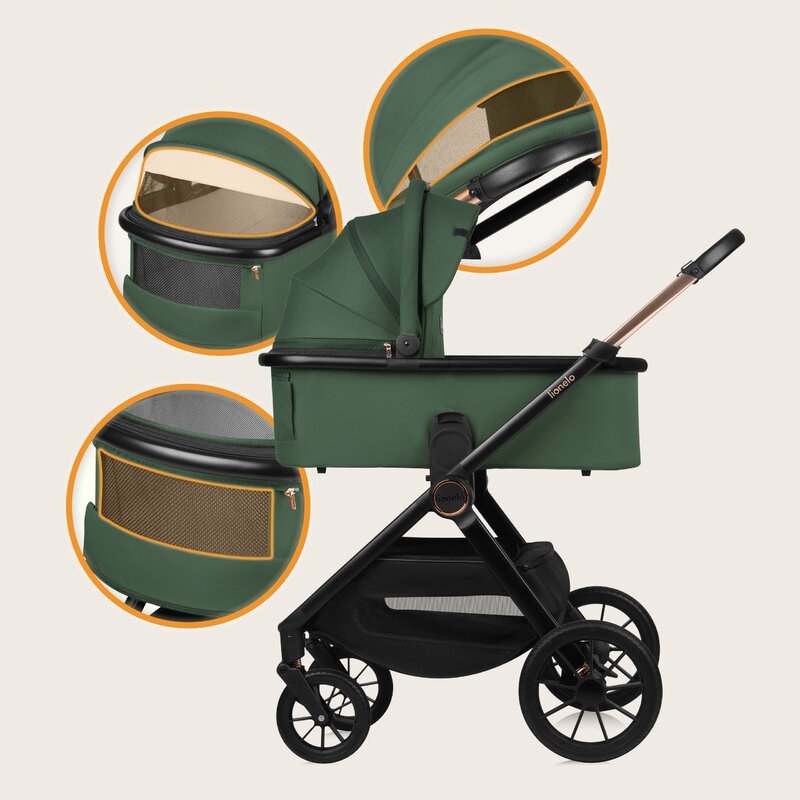 Carucior 3 in 1, Lionelo, Layla, Pana la 22 kg, Cadru aluminiu, Cu landou intarit si salteluta din spuma AirDots, Scoica auto, Reversibil, Cu ventilatie 3D, Cu accesorii, EN1888-1, EN1888-2, EN1466, Verde