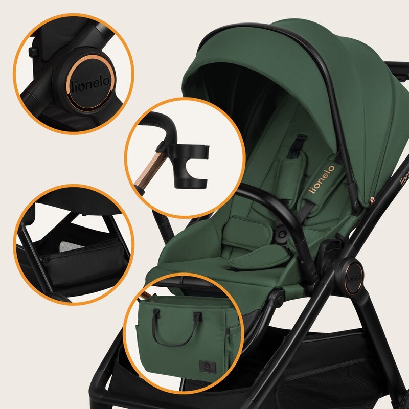 Carucior 3 in 1, Lionelo, Layla, Pana la 22 kg, Cadru aluminiu, Cu landou intarit si salteluta din spuma AirDots, Scoica auto, Reversibil, Cu ventilatie 3D, Cu accesorii, EN1888-1, EN1888-2, EN1466, Verde