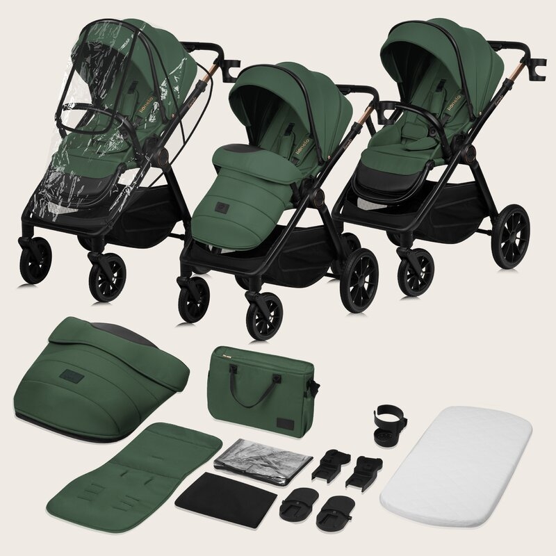 Carucior 3 in 1, Lionelo, Layla, Pana la 22 kg, Cadru aluminiu, Cu landou intarit si salteluta din spuma AirDots, Scoica auto, Reversibil, Cu ventilatie 3D, Cu accesorii, EN1888-1, EN1888-2, EN1466, Verde
