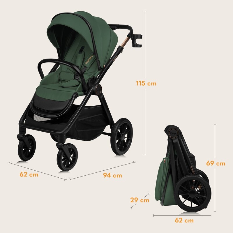 Carucior 3 in 1, Lionelo, Layla, Pana la 22 kg, Cadru aluminiu, Cu landou intarit si salteluta din spuma AirDots, Scoica auto, Reversibil, Cu ventilatie 3D, Cu accesorii, EN1888-1, EN1888-2, EN1466, Verde