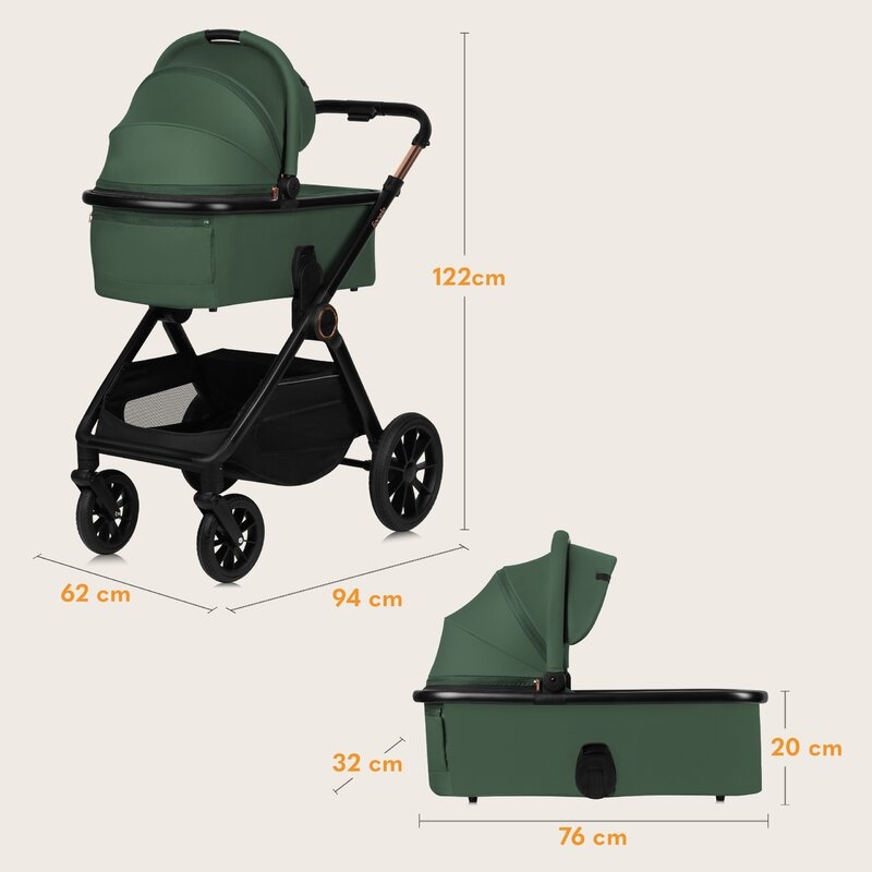 Carucior 3 in 1, Lionelo, Layla, Pana la 22 kg, Cadru aluminiu, Cu landou intarit si salteluta din spuma AirDots, Scoica auto, Reversibil, Cu ventilatie 3D, Cu accesorii, EN1888-1, EN1888-2, EN1466, Verde