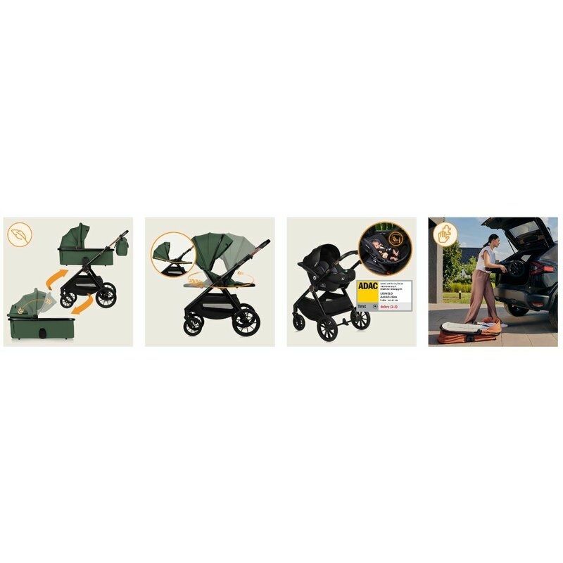 Carucior 3 in 1, Lionelo, Layla, Pana la 22 kg, Cadru aluminiu, Cu landou intarit si salteluta din spuma AirDots, Scoica auto, Reversibil, Cu ventilatie 3D, Cu accesorii, EN1888-1, EN1888-2, EN1466, Verde