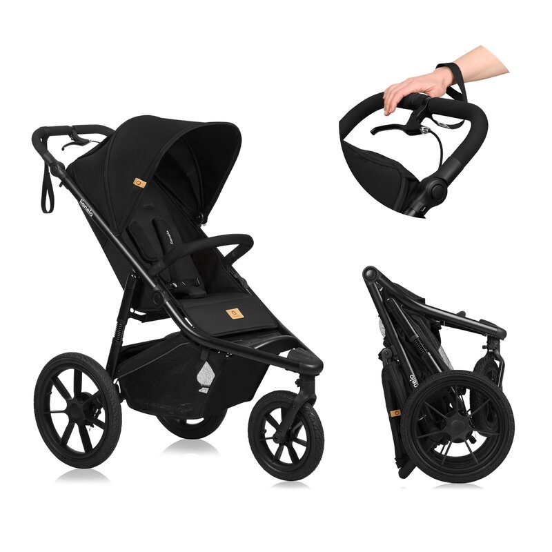 Carucior sport, Lionelo, Azura, Cu 3 roti, Cu baldachin XXL impermeabil, Pliere compacta, Pana la 22 kg, 6-48 luni, Conform cu standardele europene de securitate EN1888-1 si EN1888-2, Negru