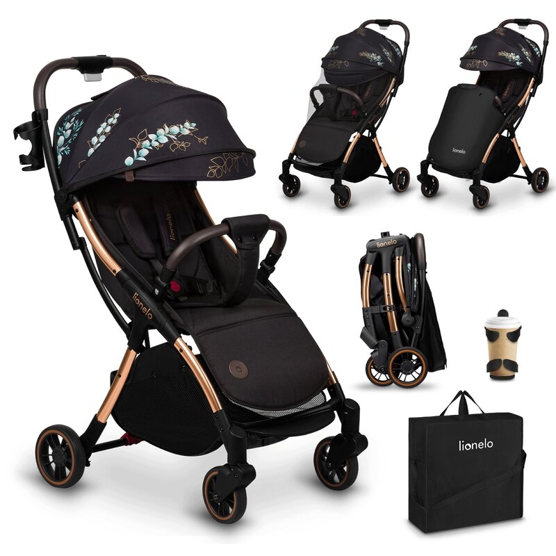 Carucior sport, Lionelo, Julie One, Editie limitata Golden Moments, De la nastere, Greutate redusa, Cu accesorii, Cadru din aluminiu, 0-22 kg, Conform cu standardele europene de securitate EN1888-1 si EN1888-2, Negru